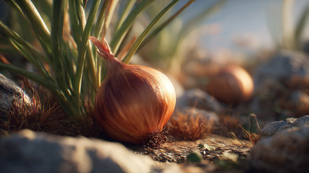 Onion plant growing on the rocks. Selective focus. Shallow depth of fieldの素材