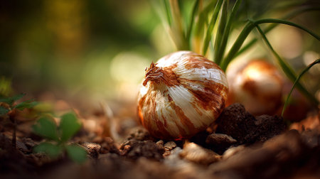 Onion bulbs growing in the garden. Selective focus. Shallow depth of field.の素材