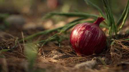Red onion on the ground in the garden. Selective focus.の素材