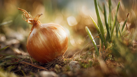 Onion on the ground in the forest. Shallow depth of field.の素材