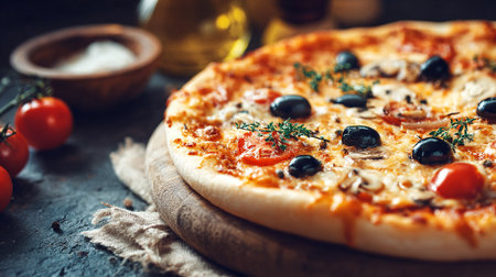 Homemade pizza with olives, tomatoes and cheese on dark backgroundの素材