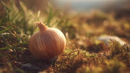 Onion on the ground in the forest. Selective focus.の素材