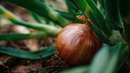 Onion growing in the garden. Selective focus. Shallow depth of fieldの素材