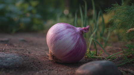Onion on the ground in the garden. Selective focus.の素材