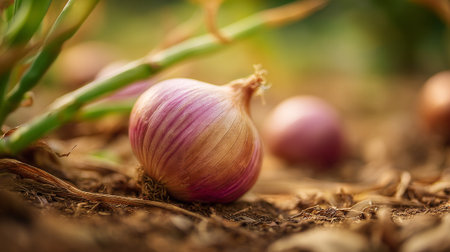 Onion on the ground. Selective focus. Shallow depth of field.の素材