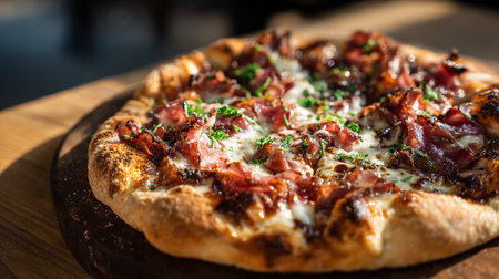 Pizza with bacon and mozzarella on a wooden table.の素材