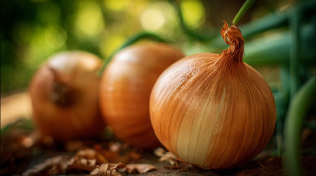 Onion on a wooden table with autumn leaves. Selective focus.の素材
