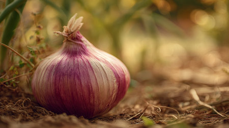 Closeup of a purple garlic growing in the garden, selective focusの素材