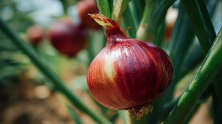 Onion on the field. Onions are grown in the garden.の素材