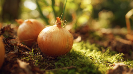Onion bulbs on green moss in forest. Selective focus.の素材