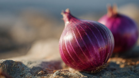Red onion on the ground. Selective focus. Shallow depth of field.の素材