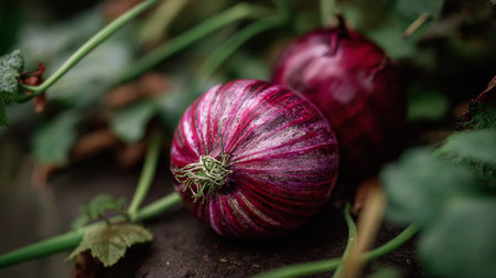 Red onion in the garden. Selective focus. Shallow depth of fieldの素材