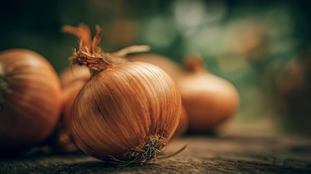 onion on wooden table, shallow depth of field, vintage toneの素材