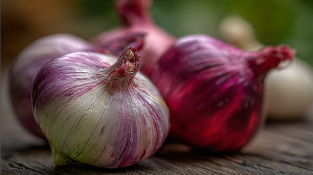 red and purple onions on a wooden background. Selective focus.の素材