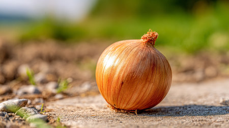 Onion on the ground in the garden. Selective focus.の素材