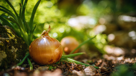 Onion on the ground in the forest. Selective focus.の素材