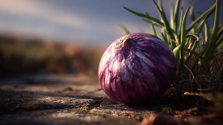 Onion on the ground. Selective focus. Shallow depth of field.の素材