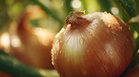 onion with dew drops on green background, shallow depth of fieldの素材