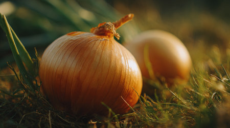 Onion on the grass in the garden. Selective focus.の素材