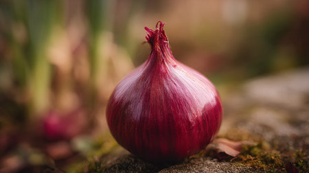 Close up of a red onion growing in a garden. Selective focus.の素材