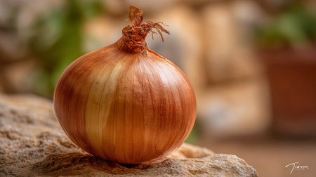 Onion on the stone. Selective focus. Shallow depth of field.の素材