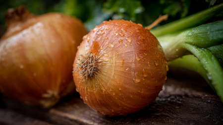 Fresh onions on a wooden table. Selective focus. Toned.の素材