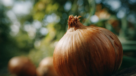 Onion on a wooden background. Close-up, selective focus.の素材
