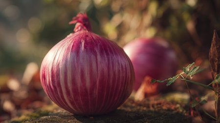 Red onion on the ground in the garden. Selective focus.の素材