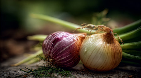 Fresh onions on the ground. Selective focus. Shallow depth of field.の素材