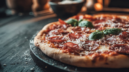 Pepperoni pizza on black wooden background. Italian food. Pepperoni pizzaの素材
