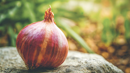 Onion on the stone in the garden. Vintage color tone.の素材