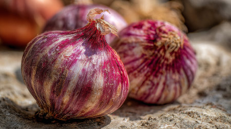 Close up of red onions on the ground. Selective focus.の素材