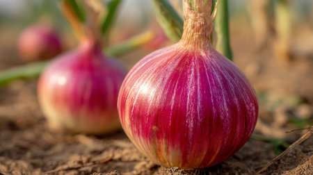Close up of red onions growing in a field. Selective focus.の素材