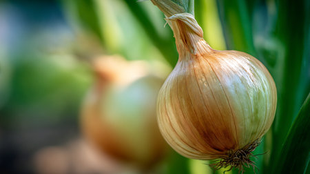onion growing in the garden, selective focus, shallow depth of fieldの素材