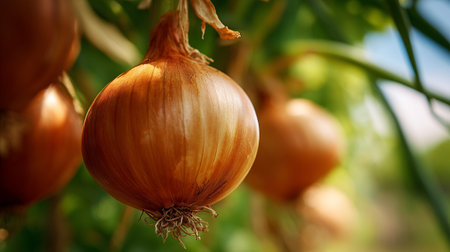 Onion growing in a greenhouse. Selective focus. Shallow depth of fieldの素材