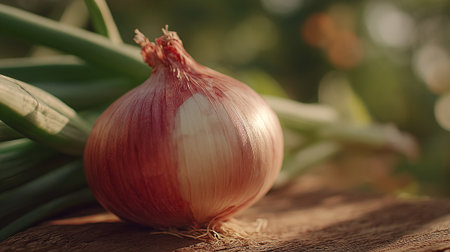 onion on a wooden table in the garden, shallow depth of fieldの素材