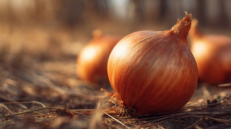Onion on the field in autumn. Selective focus. Shallow depth of fieldの素材