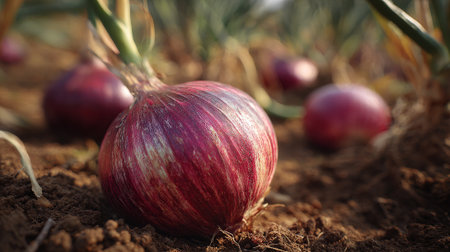 Red onion in the field. Selective focus. Shallow depth of fieldの素材