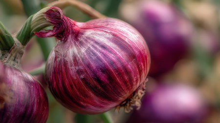 Close up of a purple onion growing in a garden in spring.の素材