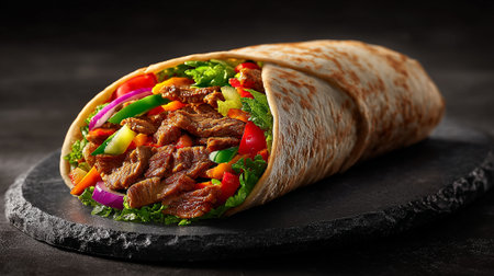 Tortilla wrap with meat and vegetables on dark background, closeupの素材