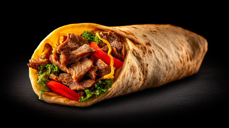 Tortilla wrap with grilled meat and vegetables on a black backgroundの素材