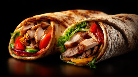 Tortilla wrap with grilled meat and vegetables on a black backgroundの素材