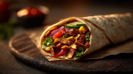 Tortilla wrap with chicken and vegetables on a dark background.の素材