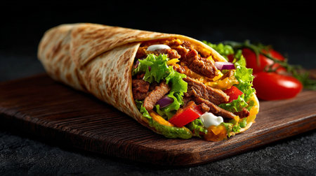 Traditional mexican burrito with beef, vegetables and cheese on dark backgroundの素材