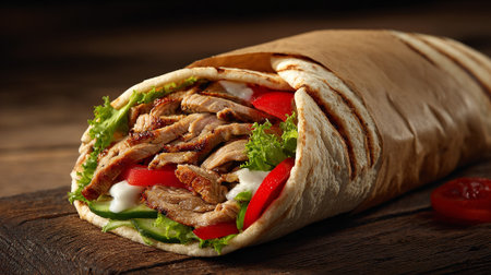 Doner kebab with grilled meat and vegetables on wooden backgroundの素材