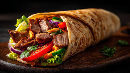 Doner kebab with meat and vegetables on a wooden backgroundの素材