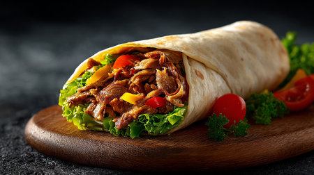 Tortilla wrap with meat, vegetables and greens on dark backgroundの素材