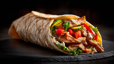 Tortilla wrap with chicken and vegetables on a black background.の素材