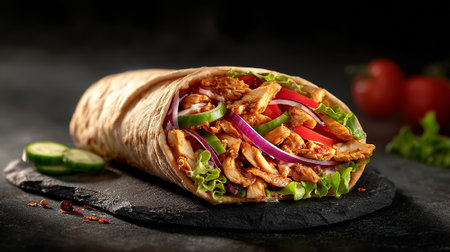Tortilla wrap with meat, vegetables and sauce on black backgroundの素材