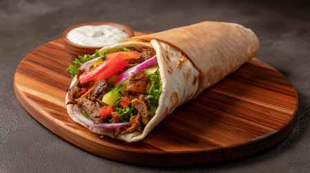 Traditional mexican burrito with beef and vegetables on dark backgroundの素材